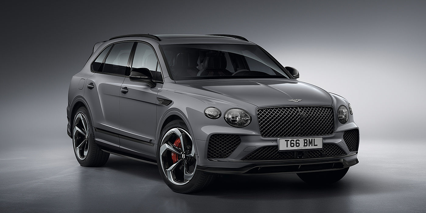 Bentley Beirut Bentley Bentayga S in Cambrian Grey paint front three - quarter view with dark chrome matrix grille and featuring elliptical LED matrix headlights. 