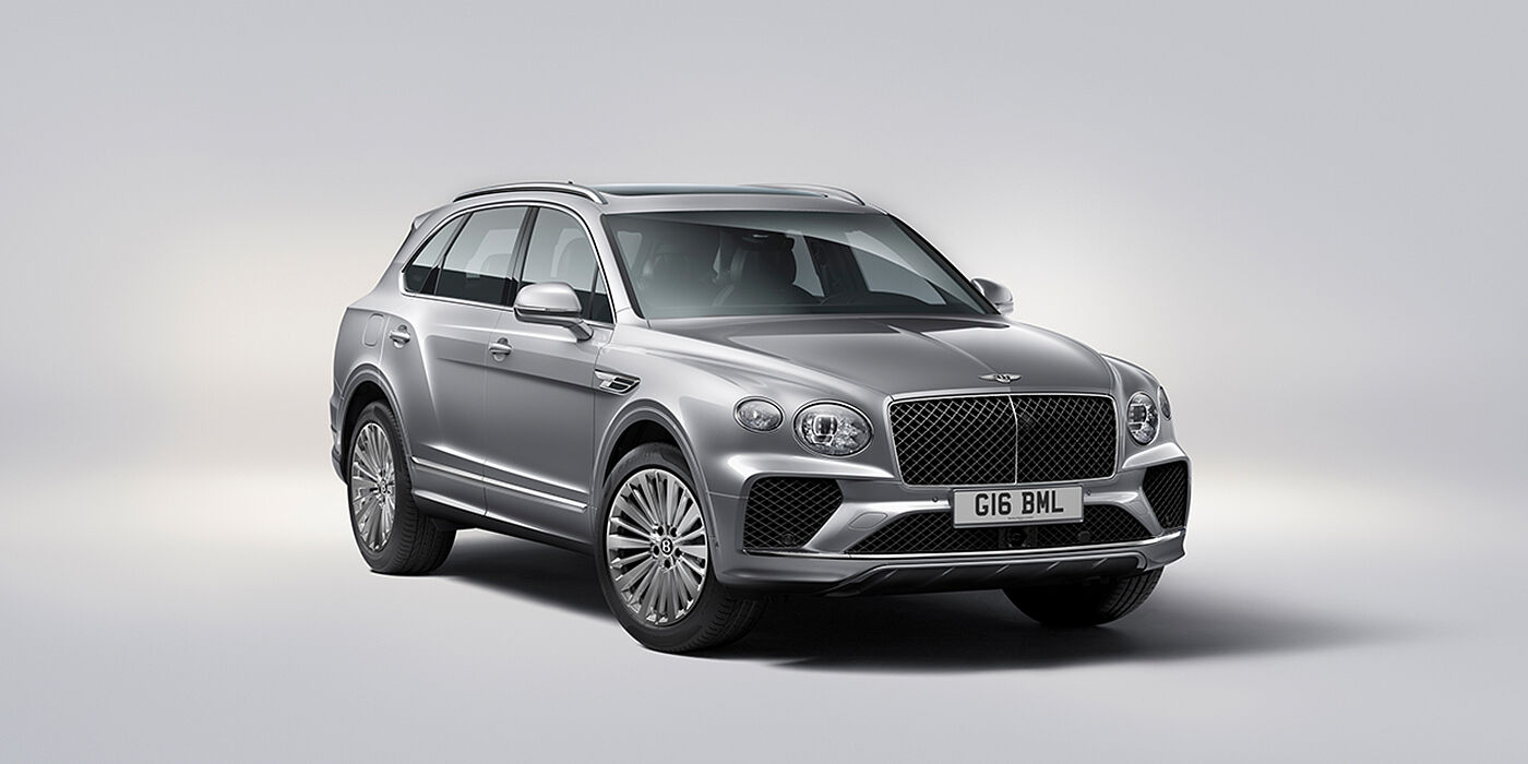 Bentley Beirut Bentley Bentayga luxury SUV front three quarter view in Moonbeam paint with matrix grille and 21″ 5 spoke painted wheels