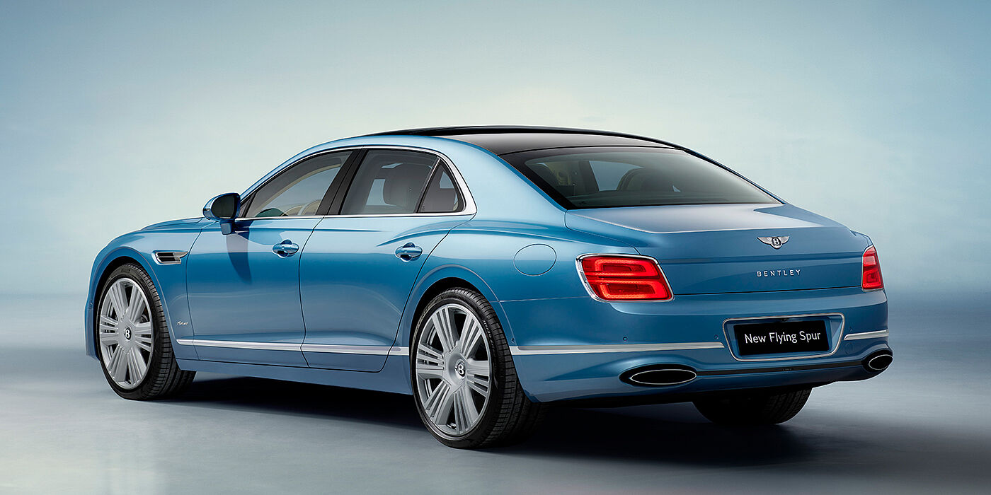 Bentley Beirut New Bentley Flying Spur Azure sedan rear view in Light windsor blue by Mulliner paint with 22 inch Azure wheels and chrome exterior details