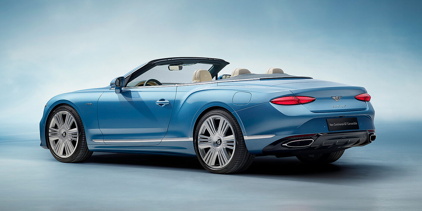 Bentley Beirut New Bentley Continental GTC Azure convertible rear view in Light Windsor blue paint with 22 inch ten spoke wheels and chrome exterior details
