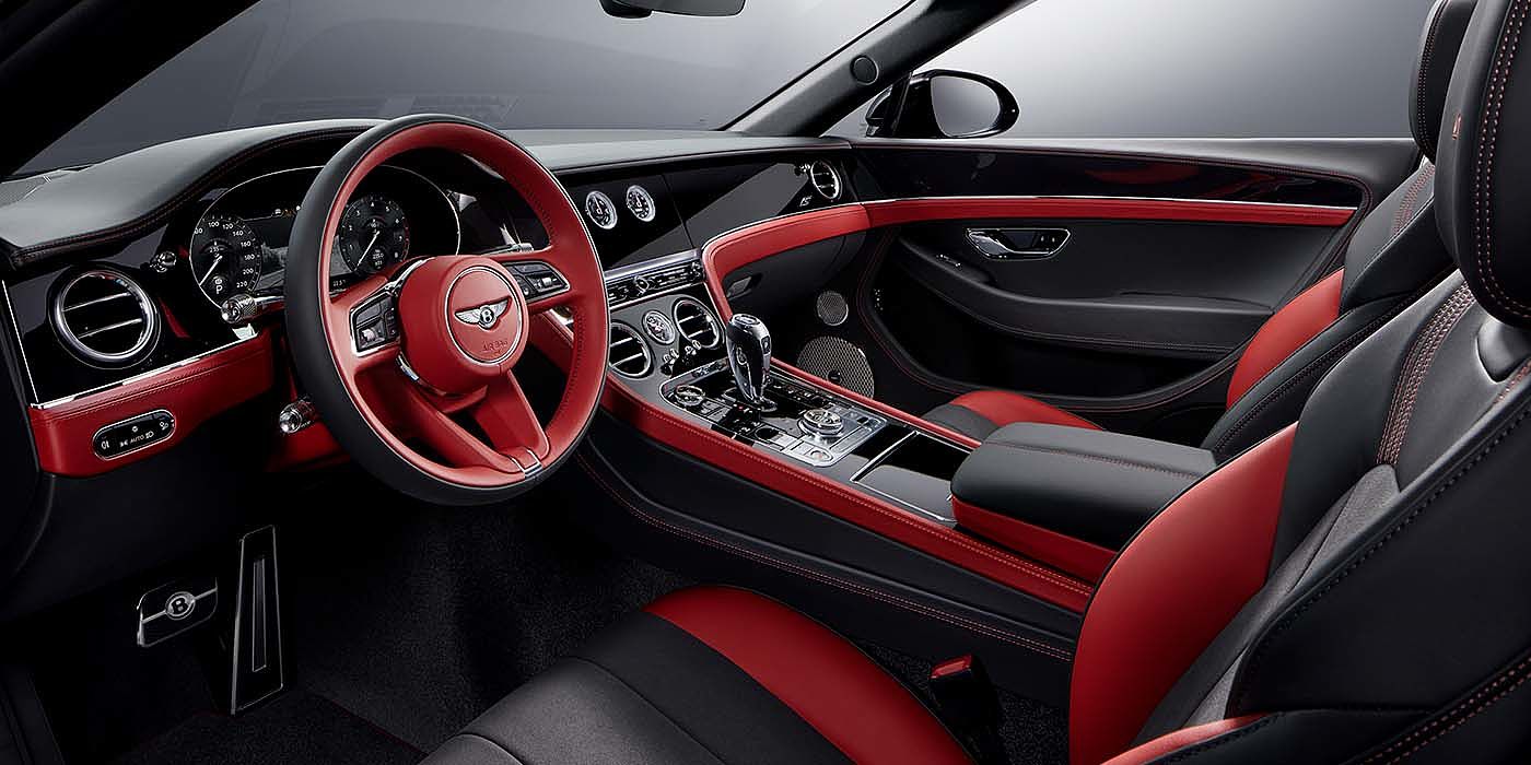 Bentley Beirut Bentley Continental GTC S convertible front interior in Beluga black and Hotspur red hide with high gloss carbon fibre veneer