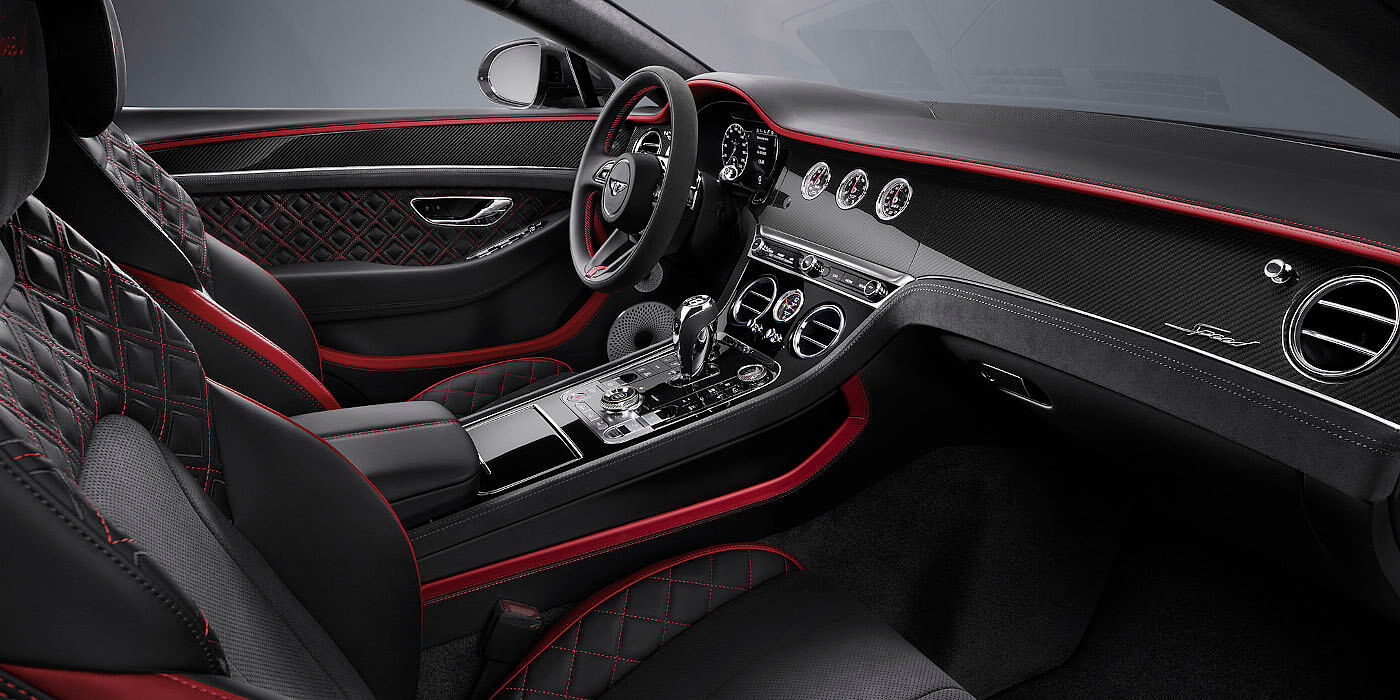 Bentley Beirut Bentley Continental GT Speed coupe front interior in Beluga black and Hotspur red hide