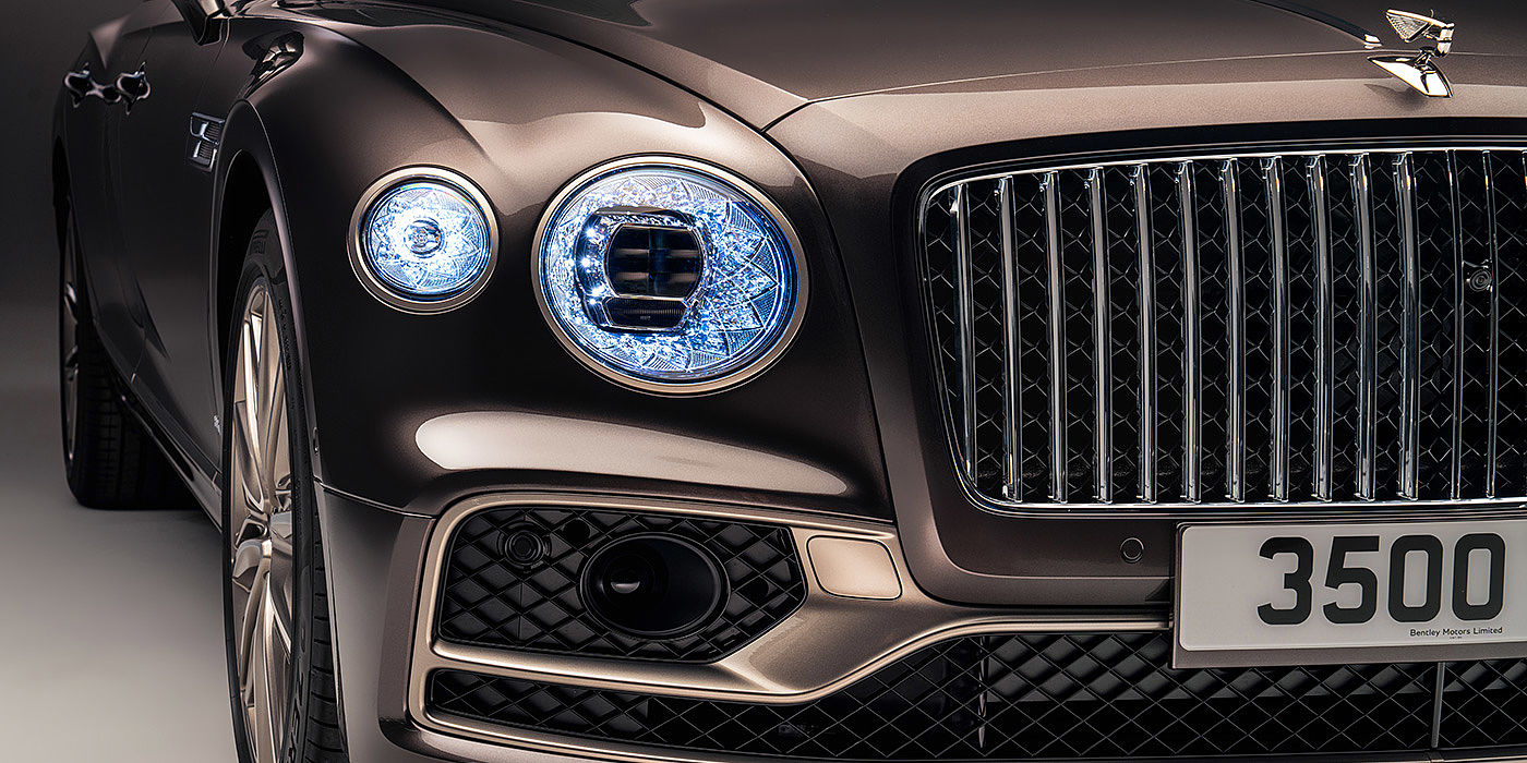 Bentley Beirut Bentley Flying Spur Odyssean sedan front grille and illuminated led lamps with Brodgar brown paint