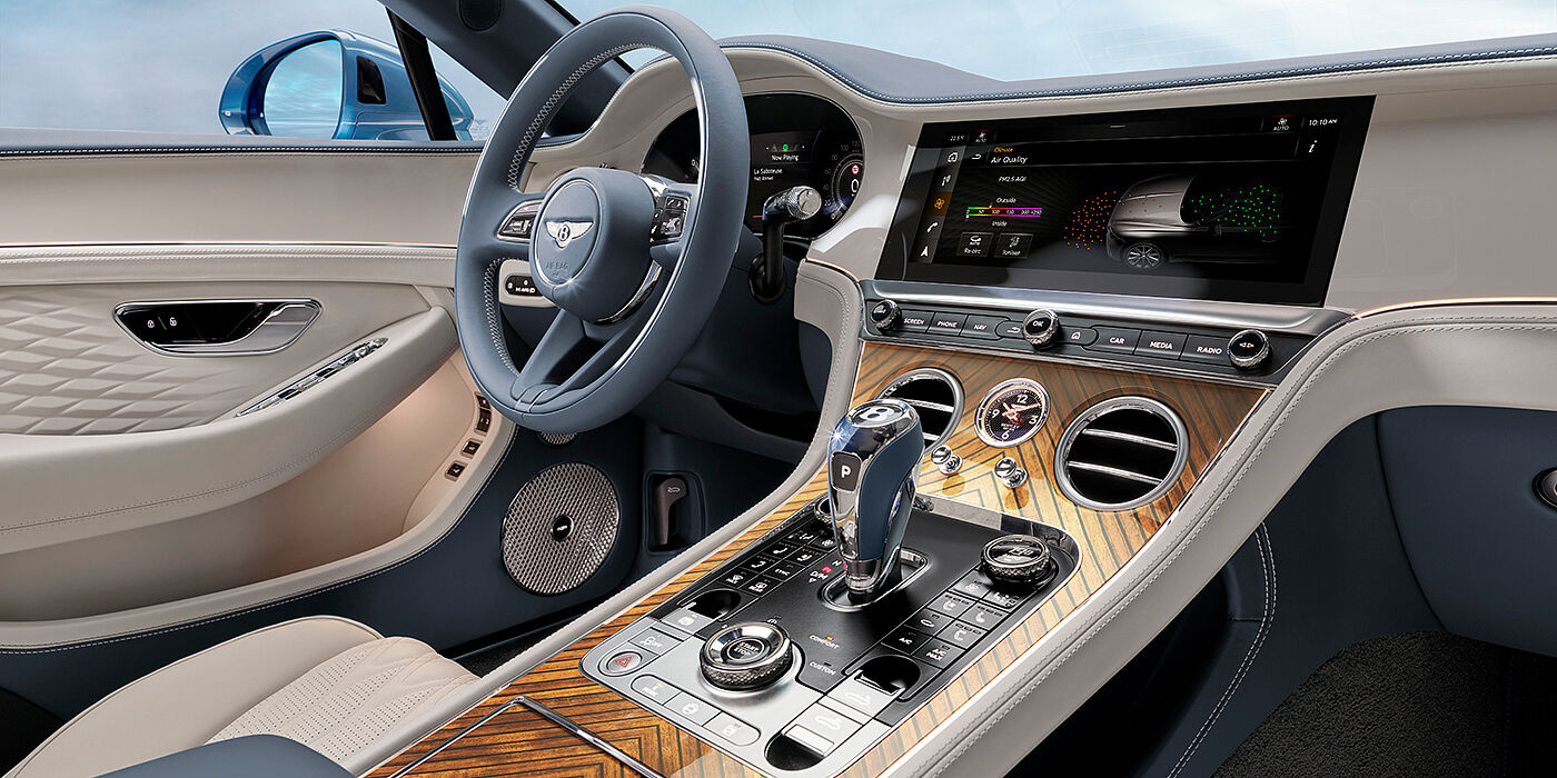 Bentley Beirut New Bentley Continental GTC Azure convertible interior front cabin view with Linen and Brunel hides and Piano Linen by Mulliner veneer featuring centre console and centre MMI screen