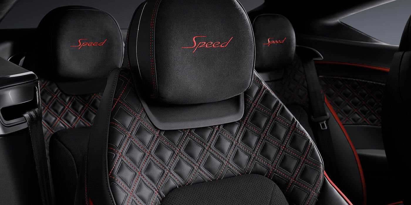 Bentley Beirut Bentley Continental GT Speed coupe seat close up in Beluga black and Hotspur red hide
