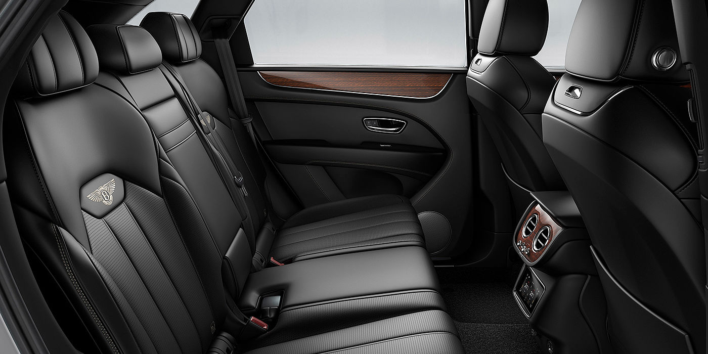 Bentley Beirut Bentey Bentayga interior view for rear passengers with Beluga black hide.