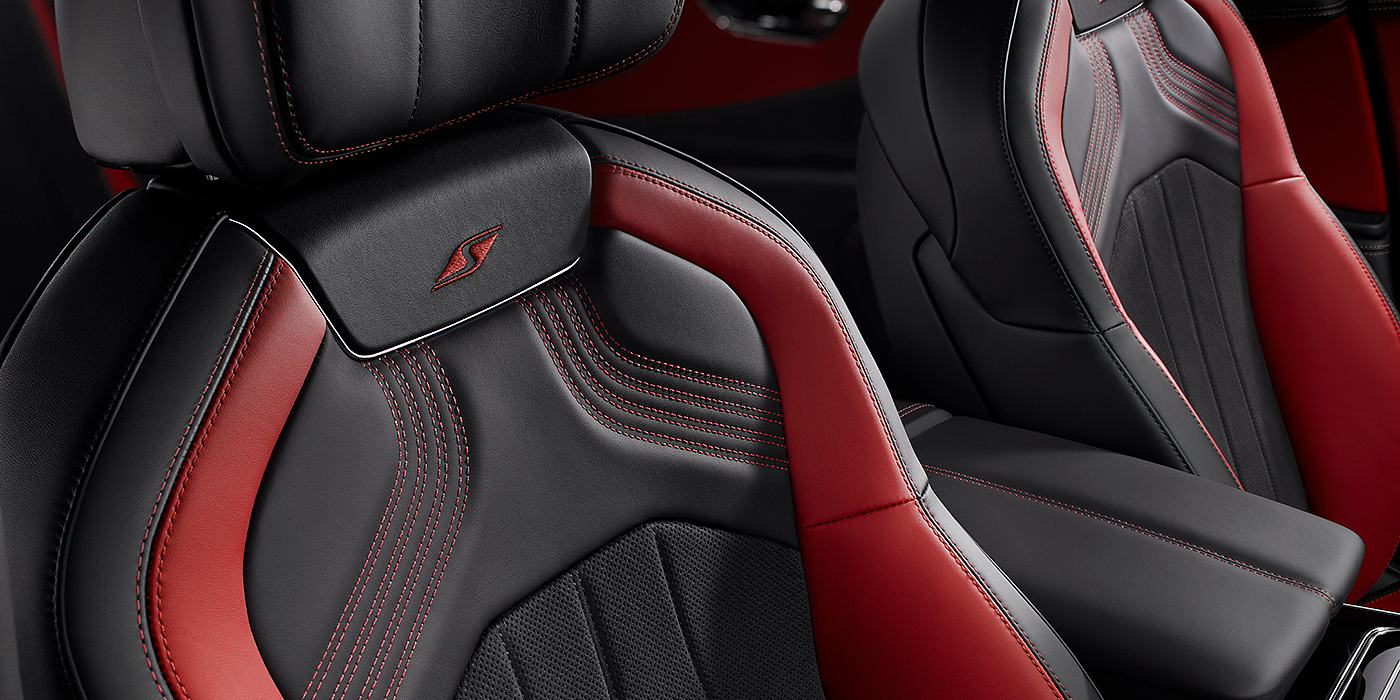 Bentley Beirut Bentley Flying Spur S seat in Beluga black and hotspur red hide with S emblem stitching