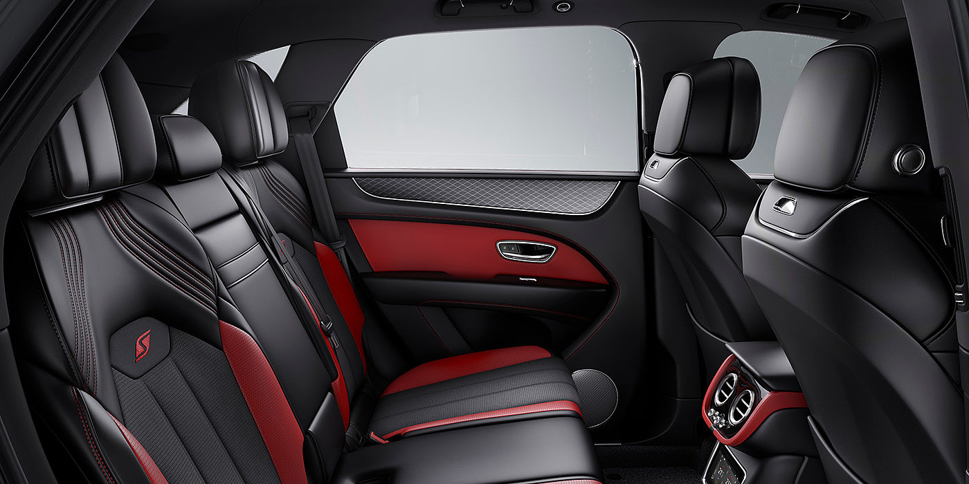 Bentley Beirut Bentey Bentayga S interior view for rear passengers with Beluga black and Hotspur red coloured hide.