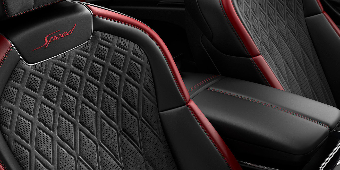 Bentley Beirut Bentley Flying Spur Speed sedan seat stitching detail in Beluga black and Cricket Ball red hide