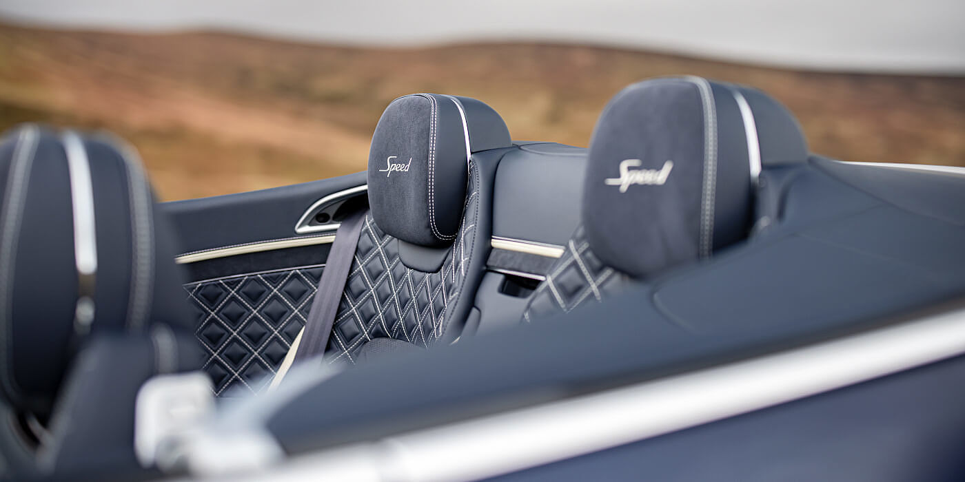 Bentley Beirut Bentley Continental GTC Speed convertible rear interior in Imperial Blue and Linen hide
