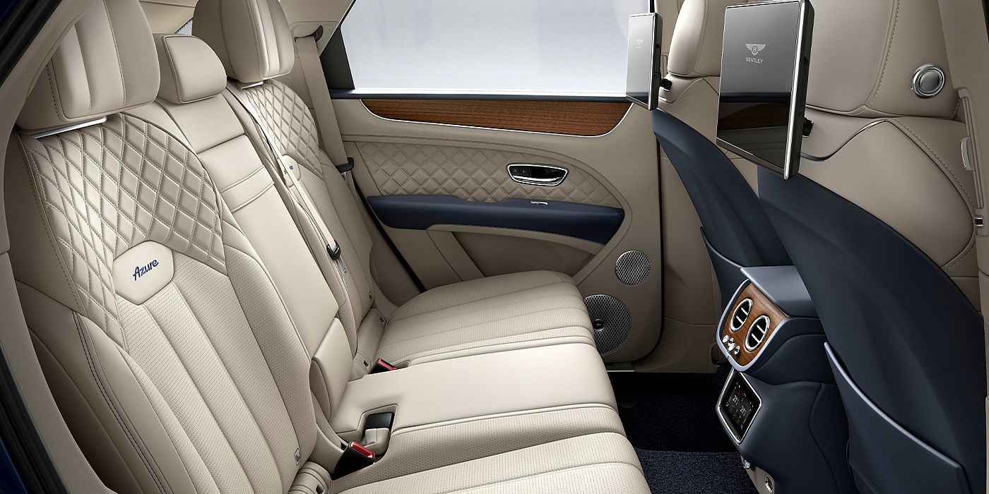 Bentley Beirut Bentley Bentayga Azure SUV rear interior in Imperial Blue and Linen hide