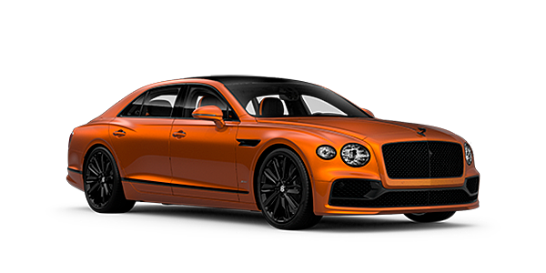 Bentley Beirut Bentley Flying Spur Speed front side angled view in Orange Flame coloured exterior. 