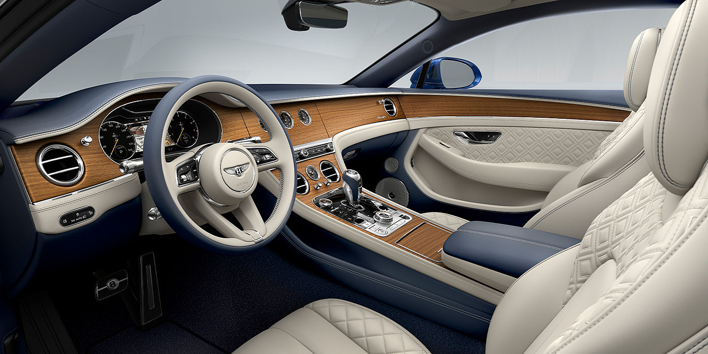 Bentley Beirut Bentley Continental GT Azure coupe front interior in Imperial Blue and linen hide