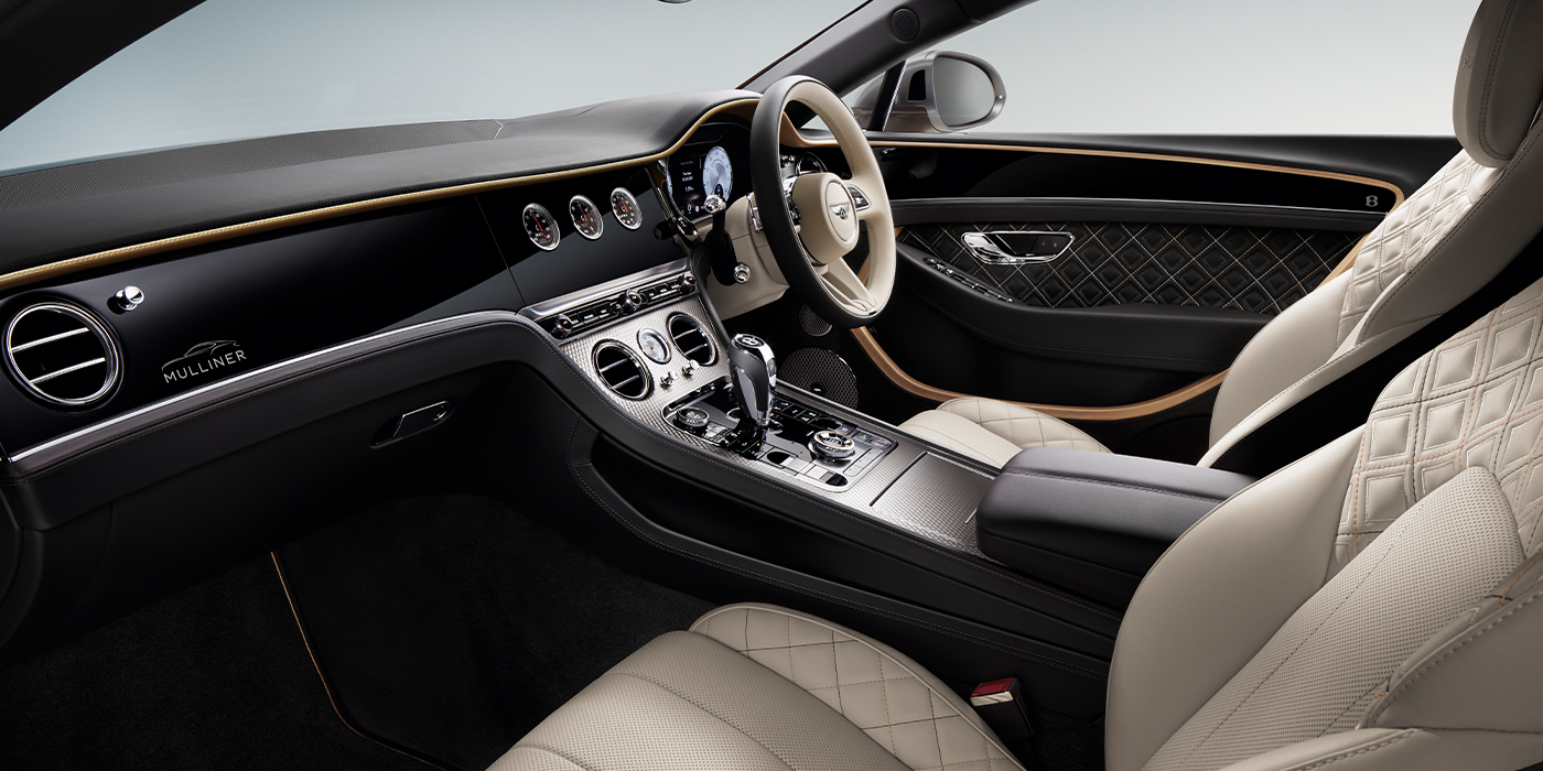 Bentley Beirut Bentley Continental GT Mulliner coupe front interior in Beluga black and Linen hide