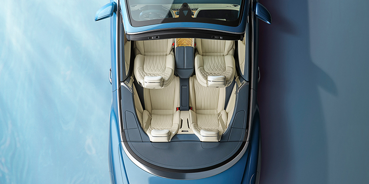 Bentley Beirut New Bentley Continental GTC Azure convertible in Light Windsor blue paint overhead view of cabin with stitched Linen and Brunel hides