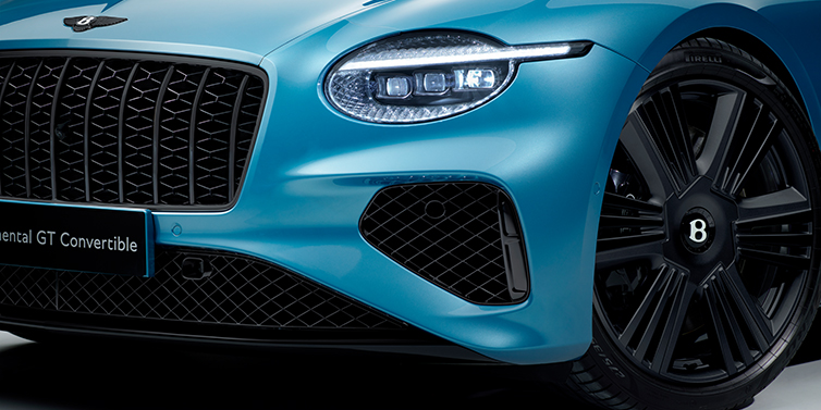 Bentley Beirut New Bentley Continental GT Azure coupe bonnet detail with Blackline Specification including black grille and wheels with Light Windsor blue paint
